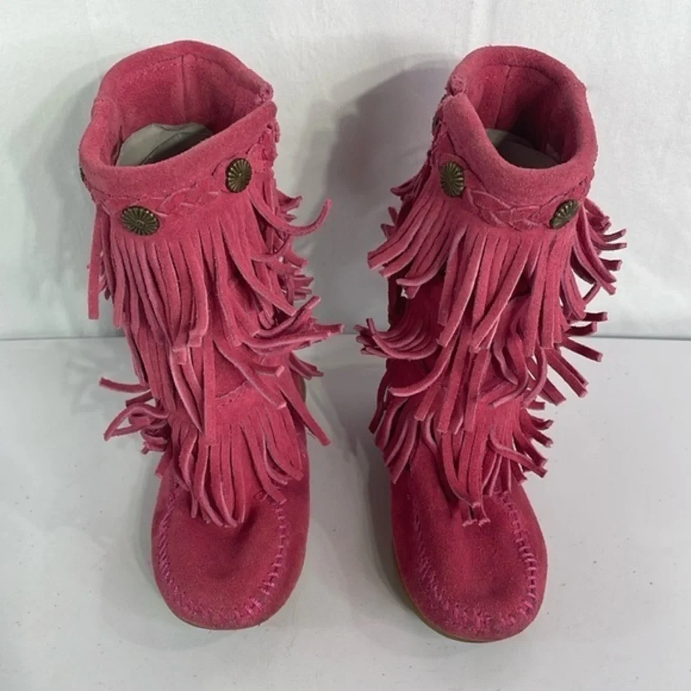 🦊 Minnetonka, hot pink, tall, triple fringe, suede boot moccasin